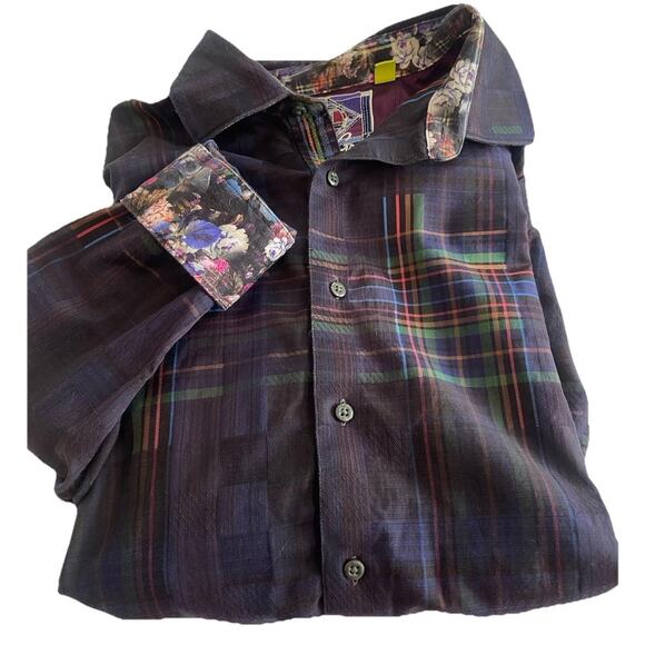 Robert Graham 90’s Plaid Floral Trim Button Up Flip Cuff Check Casual Mens XL - Picture 1 of 6